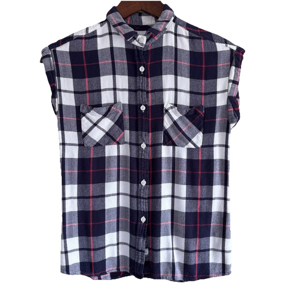 Rails Britt White Navy Cranberry Plaid Button Down Cap Sleeve Flannel Shirt XS